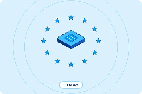 Isometric illustration of an AI processor encircled by twelve stars, representing EU AI Act governance of artificial intelligence