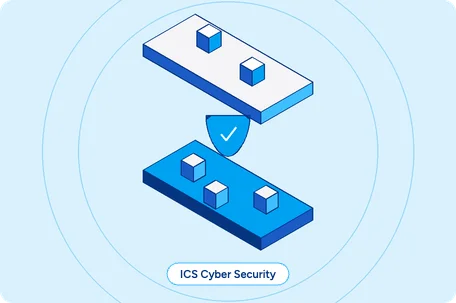 Isometric illustration of an IT network zone separated from an OT control-system zone by a protected boundary, representing ICS Cyber Security network segmentation