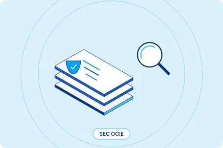 Isometric illustration of a documentation stack with a shield badge under a magnifier, representing SEC OCIE examination readiness